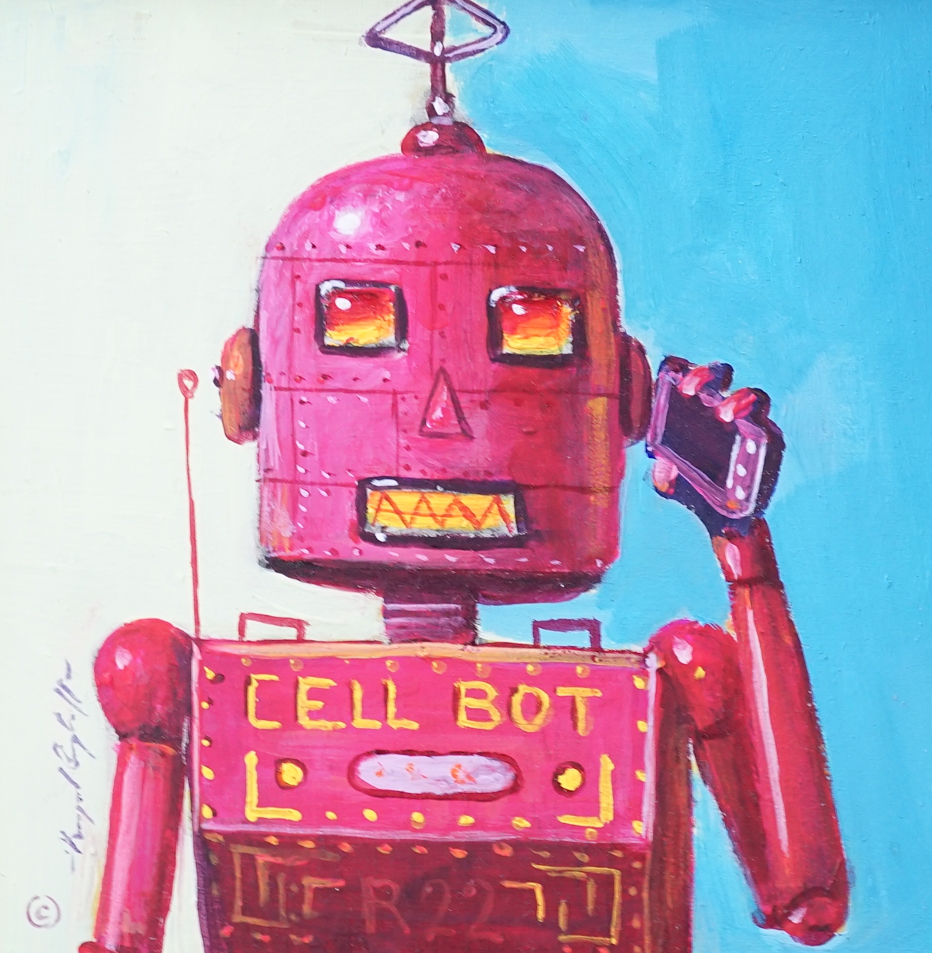 Raymond Campbell (1956-), oil on board, 'Cell Bot', signed, 14 x 14cm